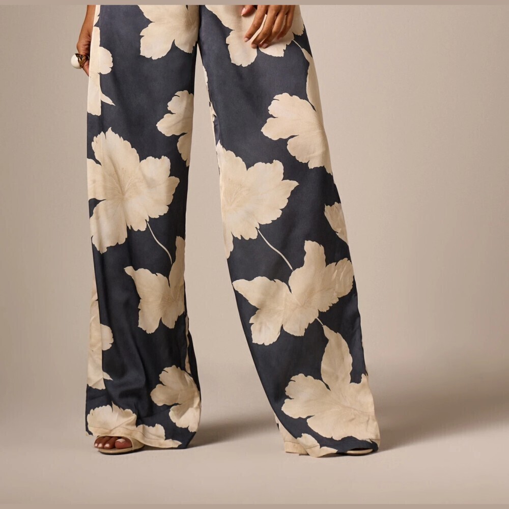 Gray Floral Print Drawstring Wide Leg Palazzo Pants